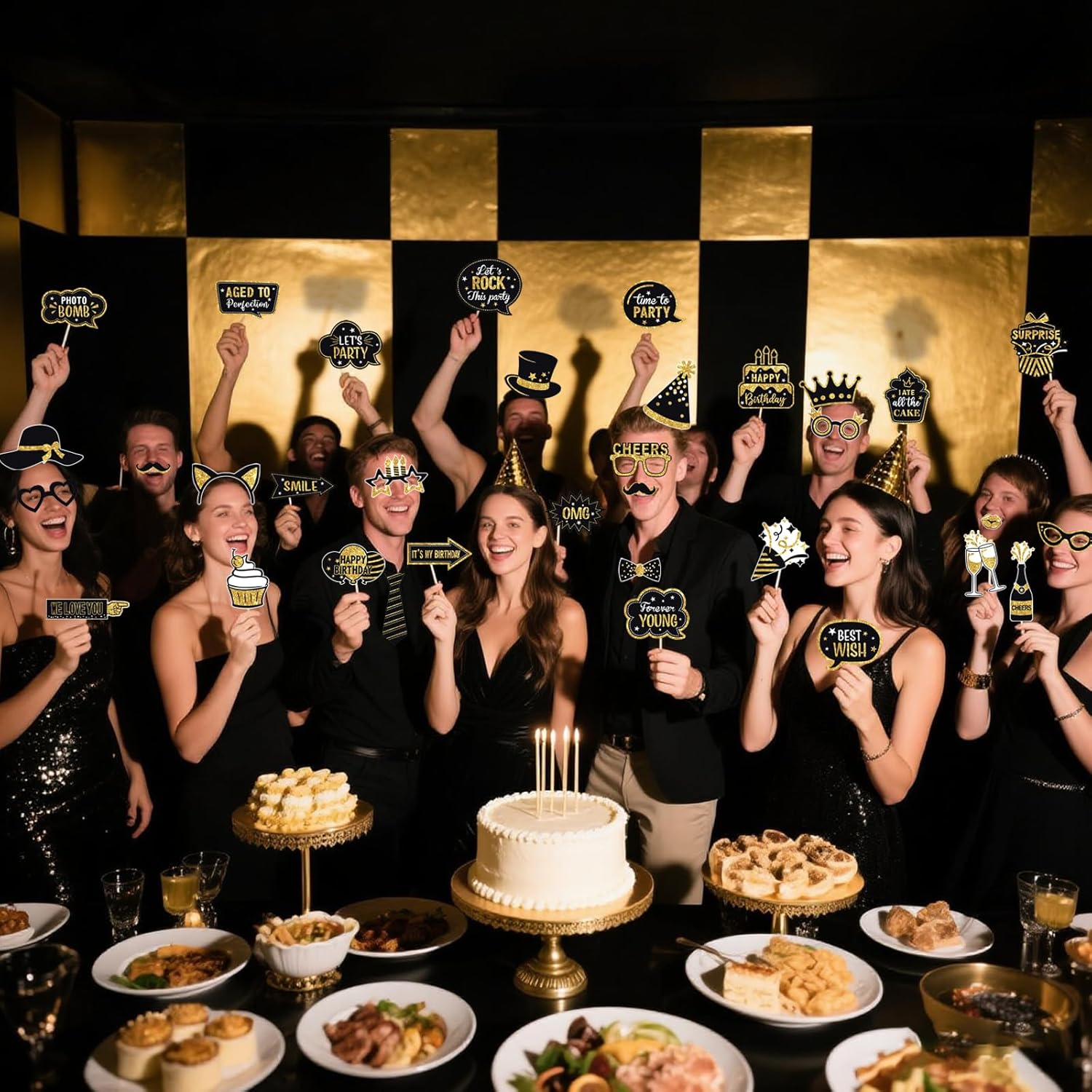 Black and gold photo booth props party scene