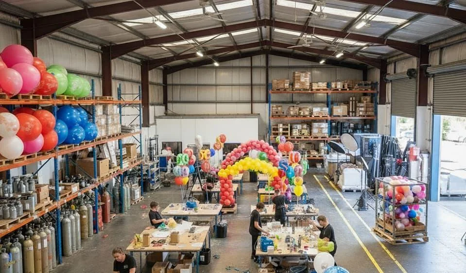 Balloon products and party displays arranged in an active production and warehouse space
