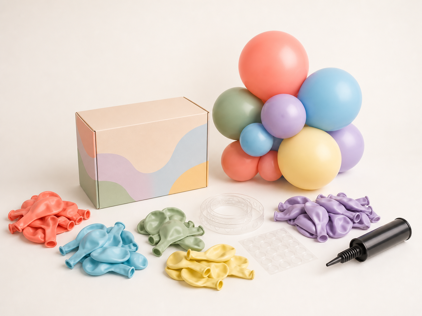 Color-coordinated custom balloon assortment with setup accessories and unbranded packaging