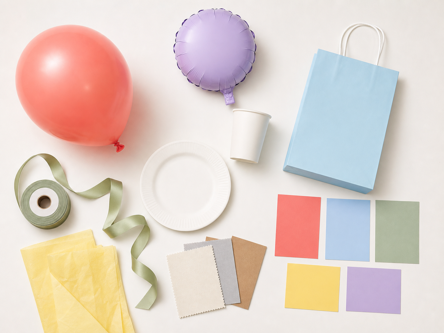 Party product development board with balloons, tableware, packaging, ribbon and color swatches