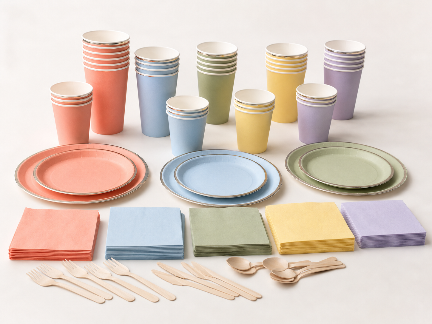 Coordinated paper cups, plates, napkins and wooden cutlery in soft party colors