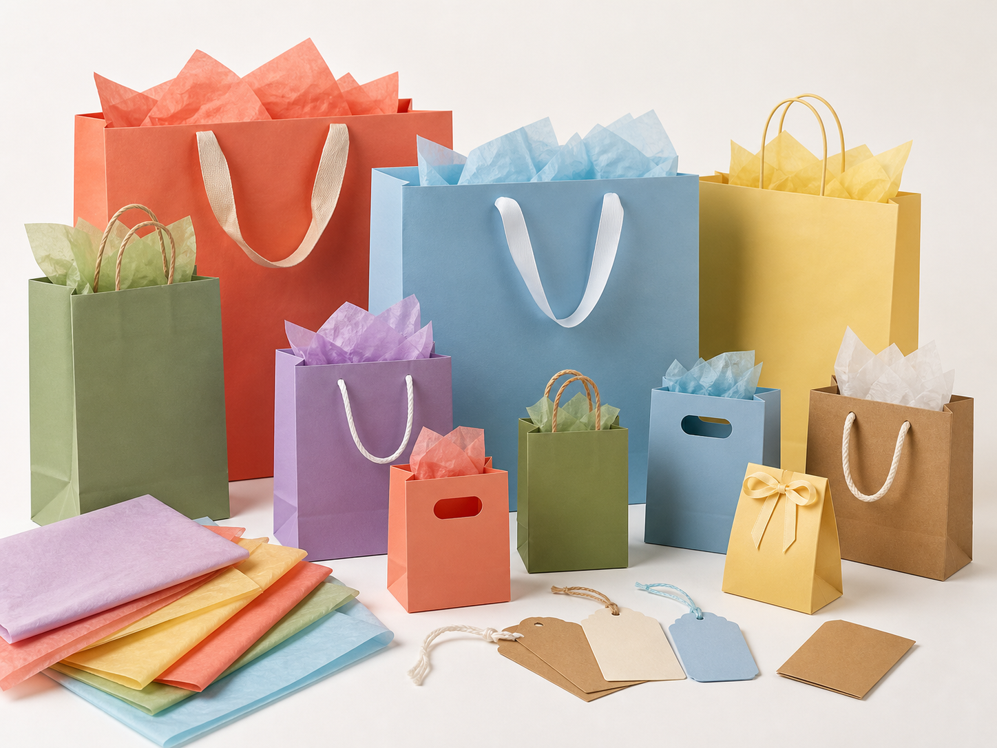 Assorted gift bags, favor packaging, tissue and blank tags in coordinated colors