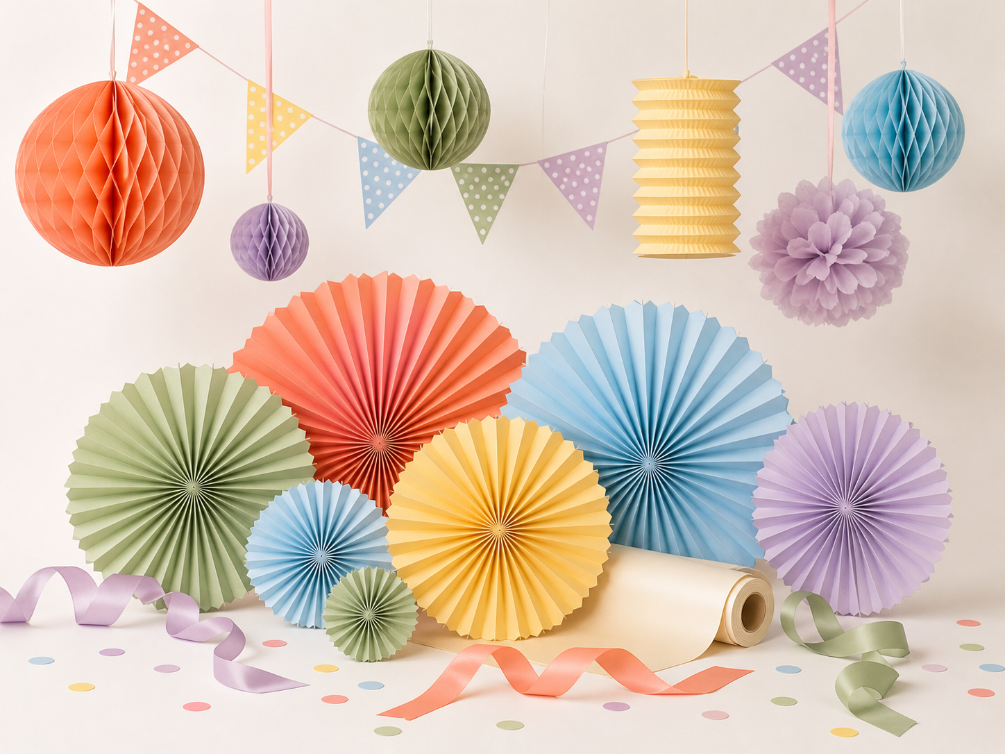 Paper fans, bunting, backdrop material and hanging party decorations in coordinated colors