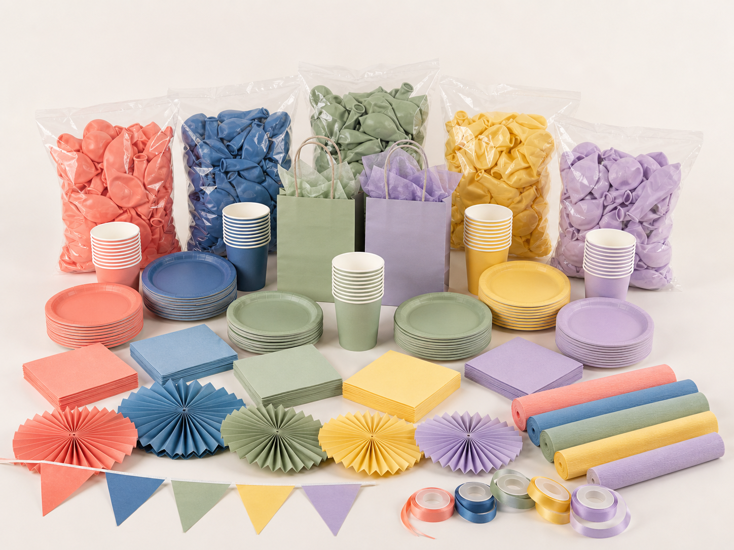 Mixed wholesale party collection with balloons, tableware, decorations and packaging