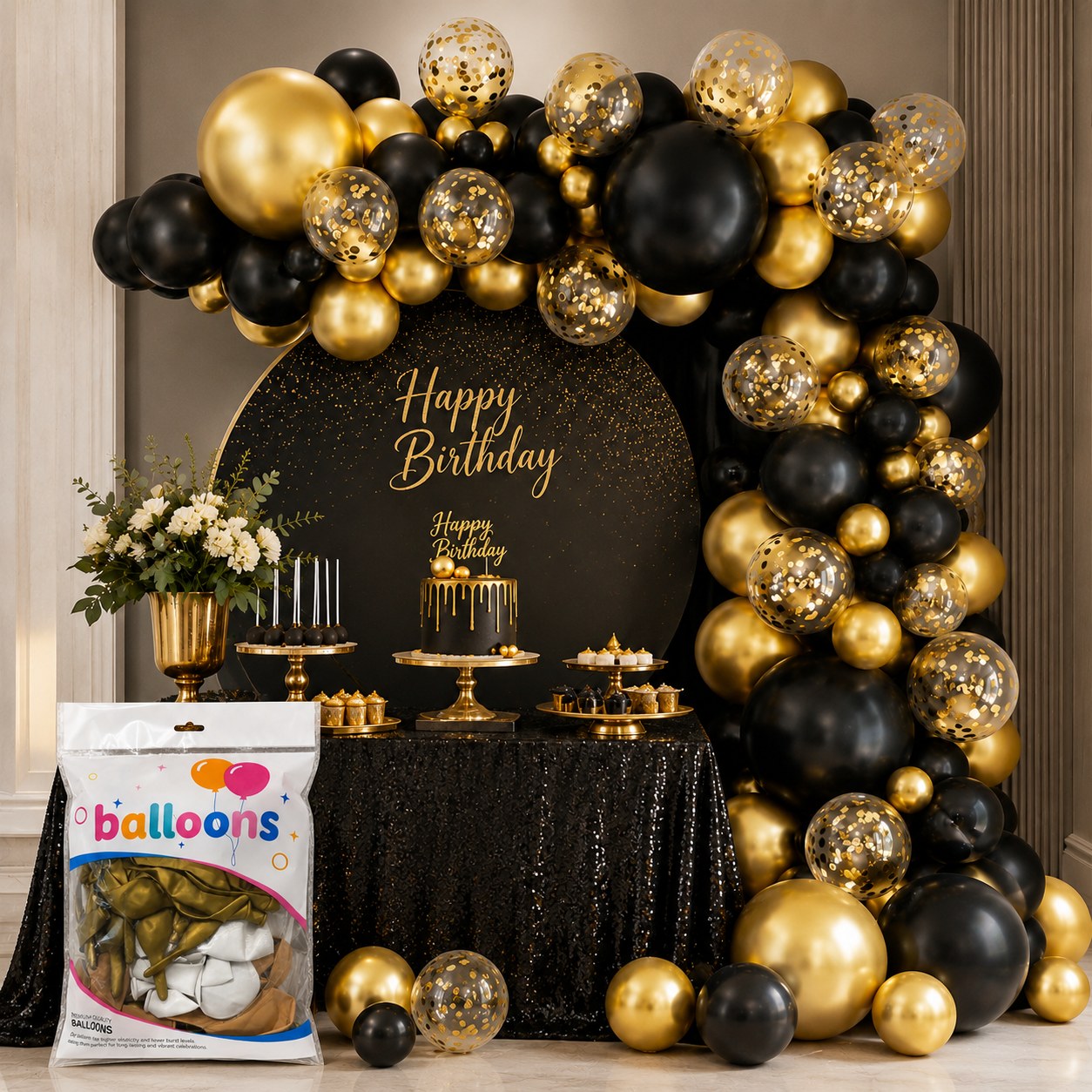 Black gold balloon kit includes