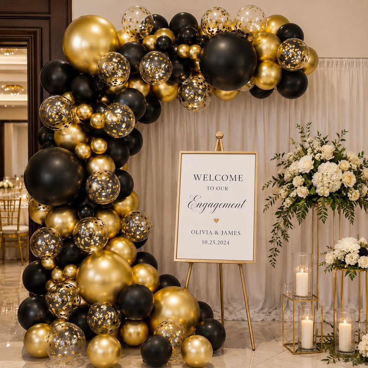 Black gold balloon arch party scene