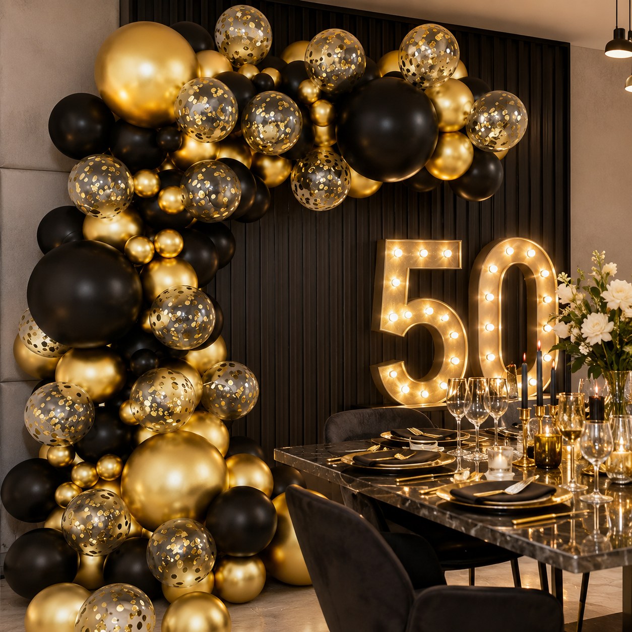 Black gold balloon arch birthday scene