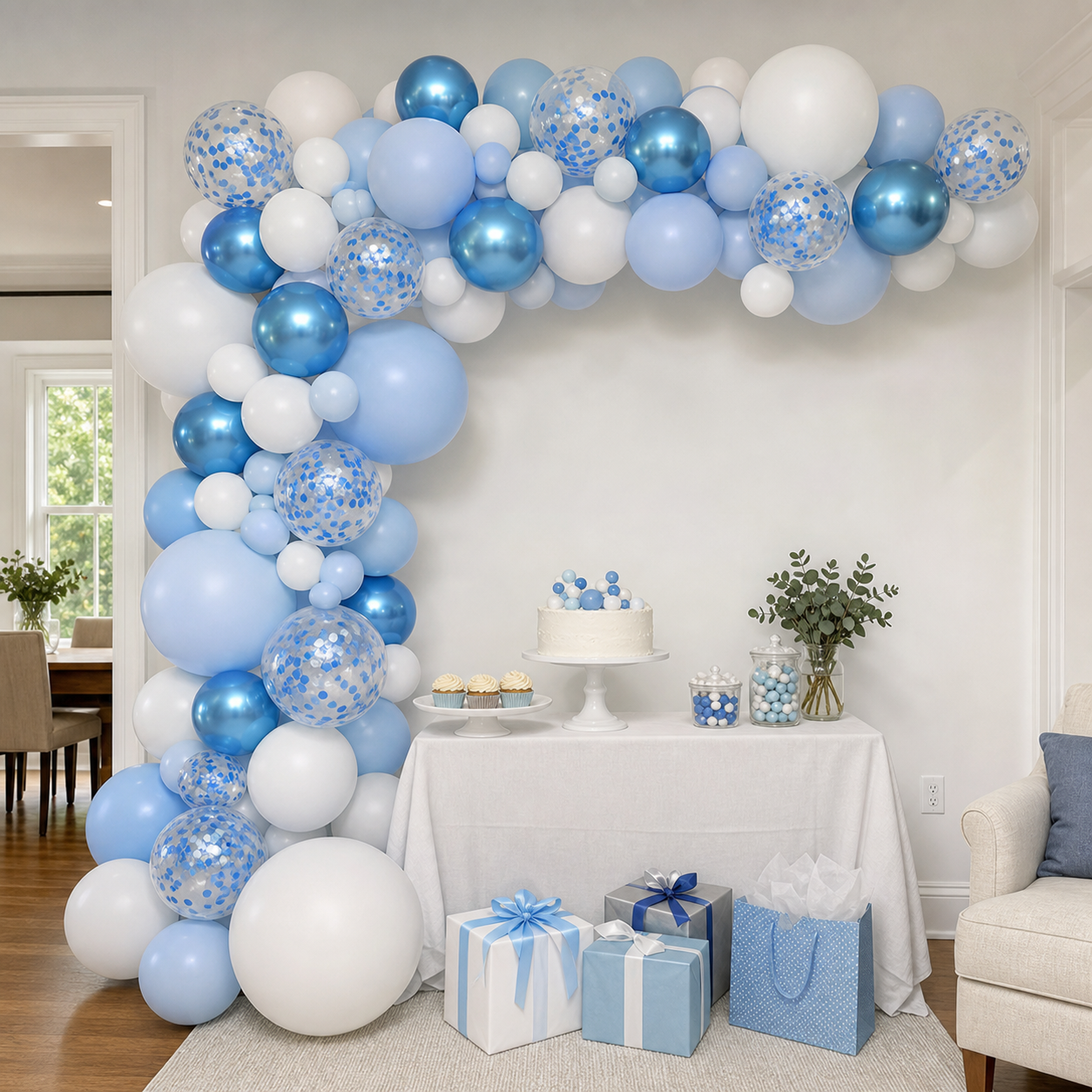 Blue and white balloon garland arch for a holiday party