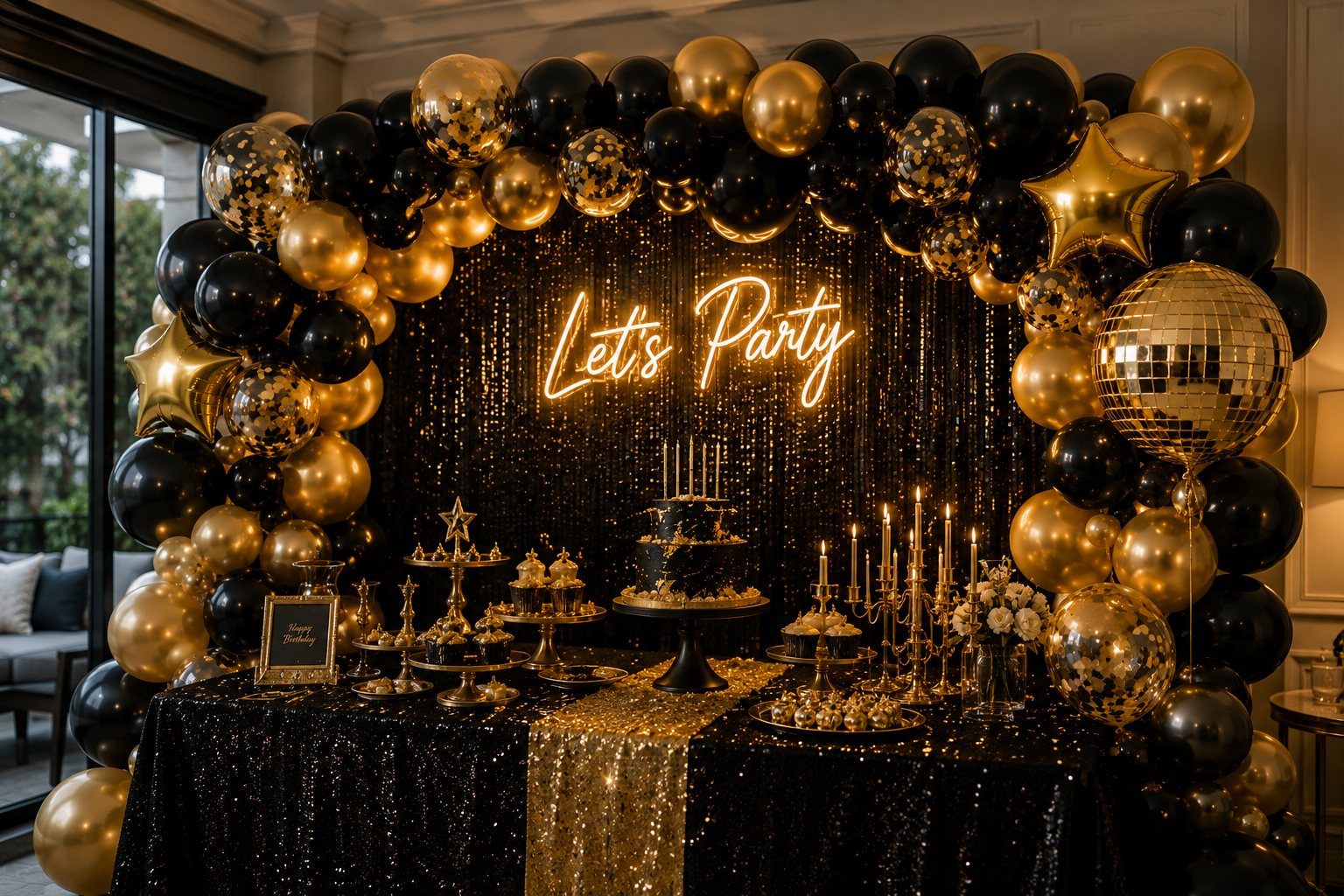 Black and gold party dessert table with balloon arch