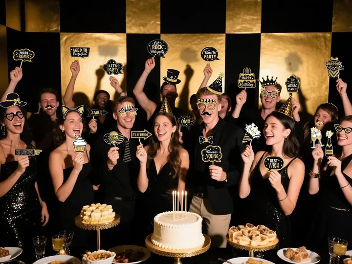 Adults celebrating a birthday party with photo booth props