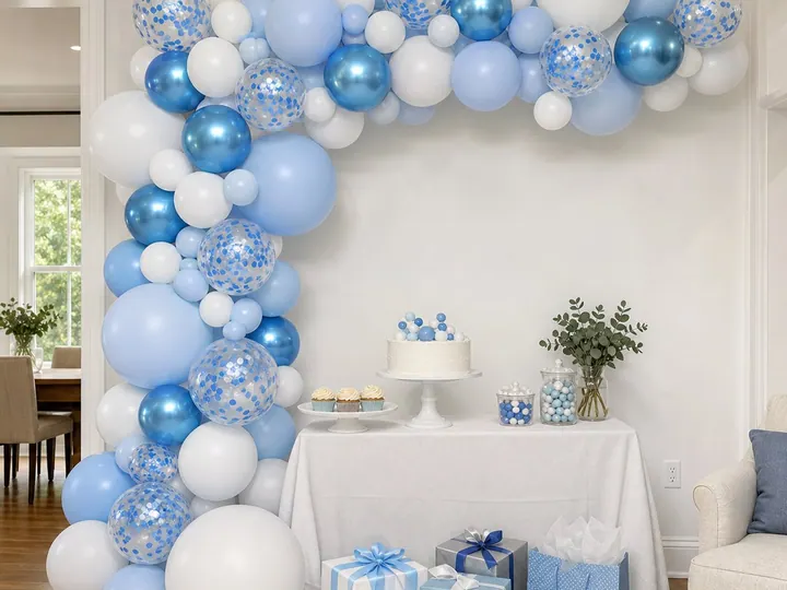 Blue and white balloon decorations at a baby shower