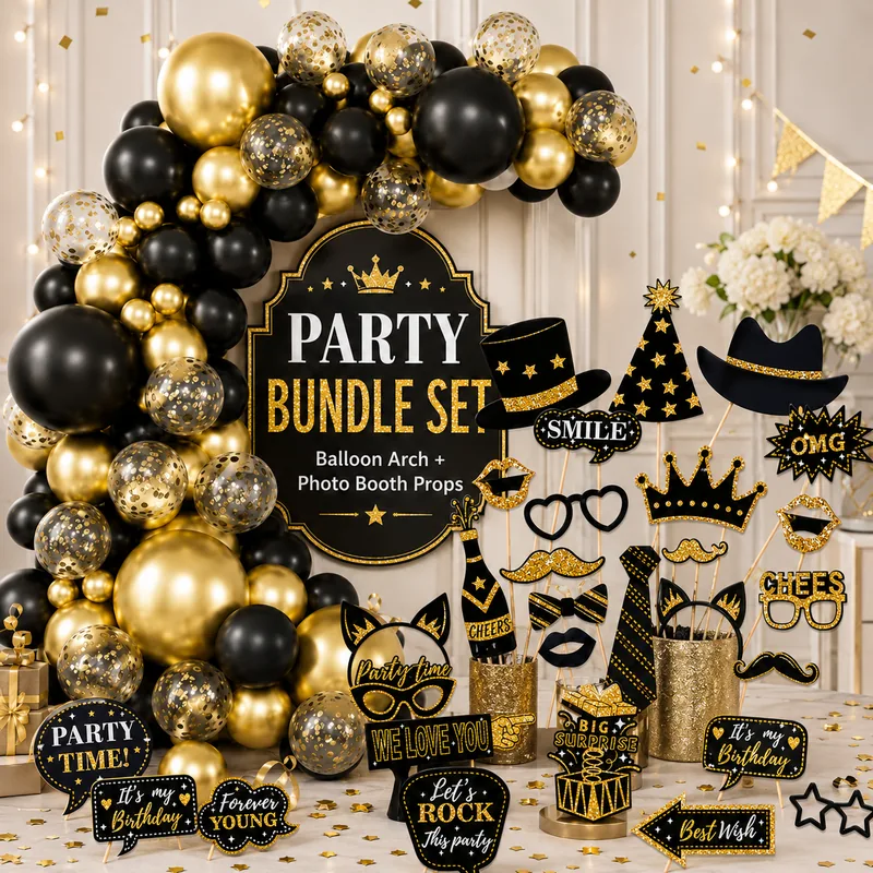 Black and gold balloon arch displayed with coordinated birthday photo props