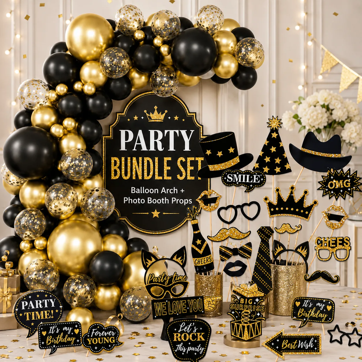 Black and gold balloon arch displayed with coordinated birthday photo props