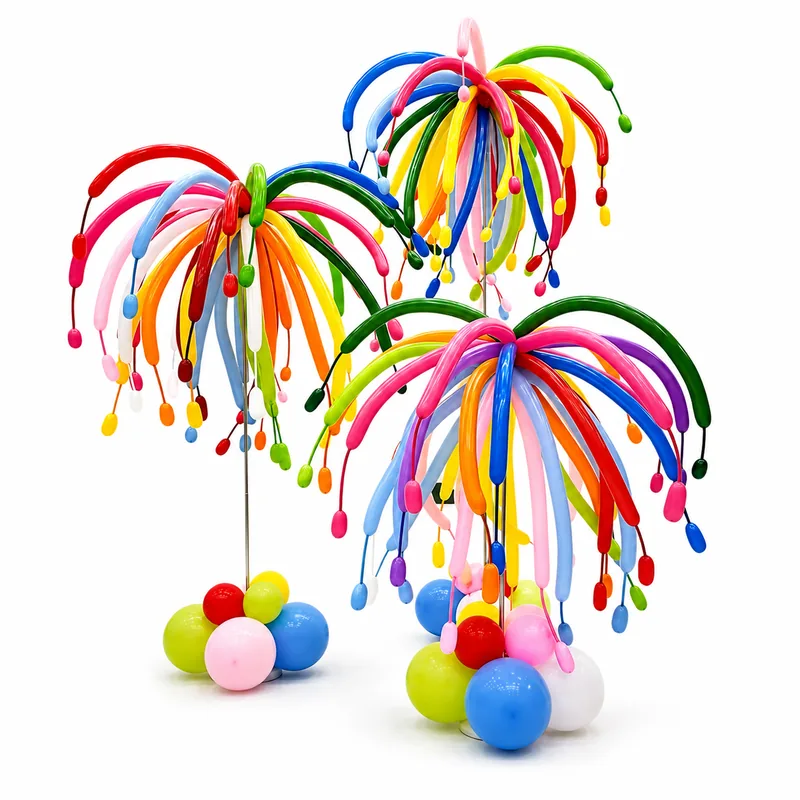 Three multicolor twisting-balloon hanging decorations with small balloon bases
