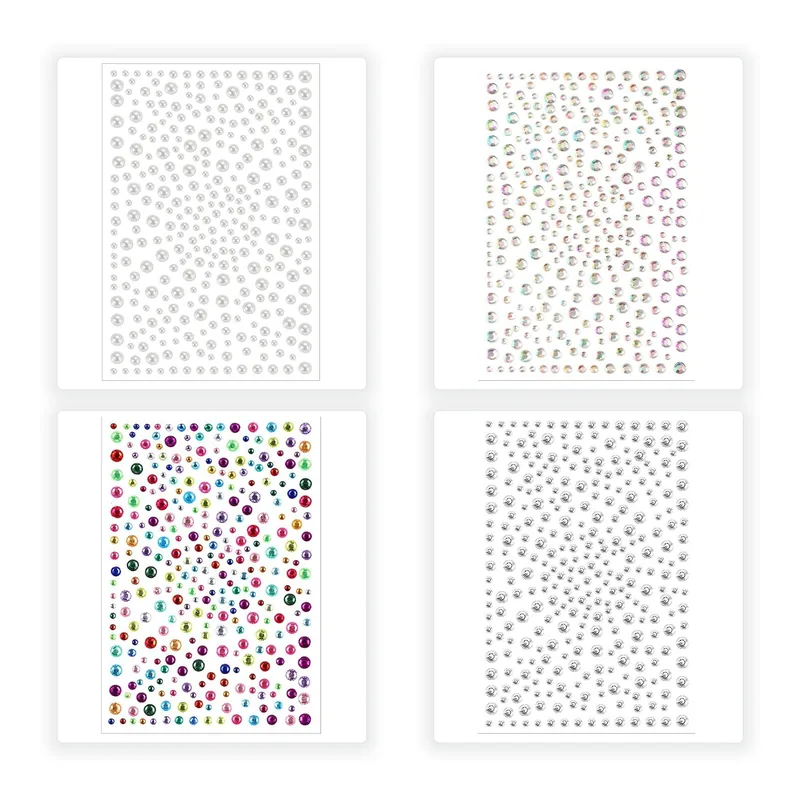 Four sheets of pearl crystal and multicolor party face gem stickers on white
