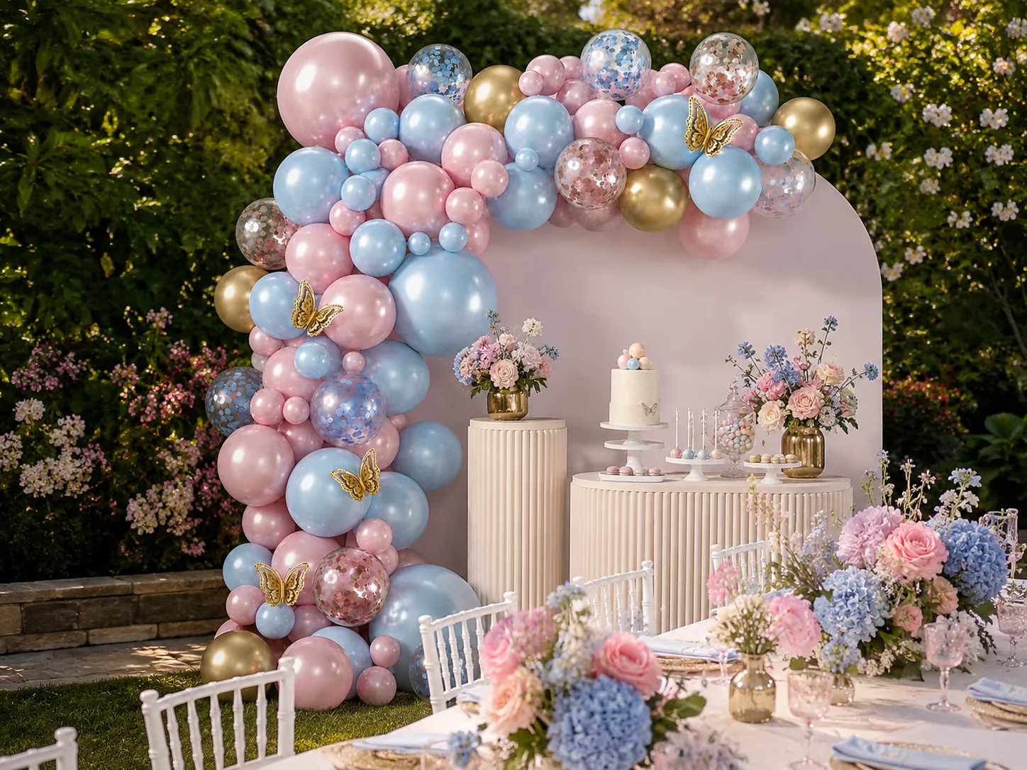 Pink blue and gold balloon arch displayed at an outdoor celebration table