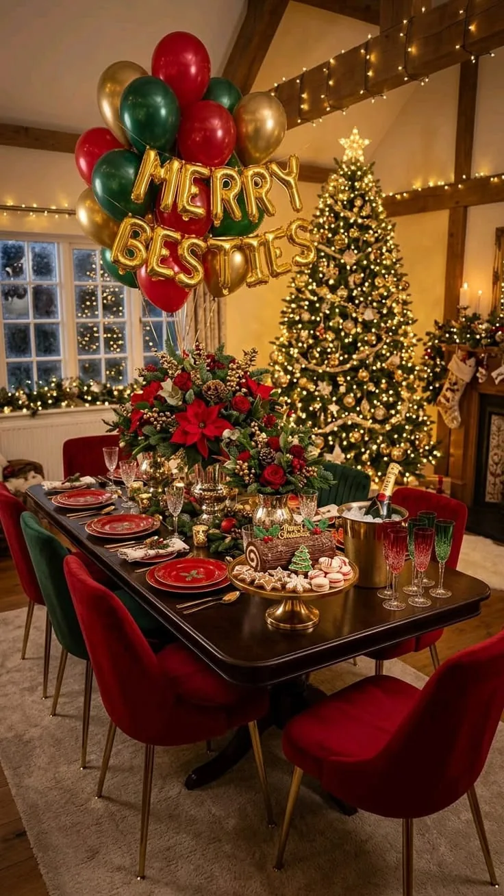 Christmas dining room with a decorated tree, red green and gold balloons, and a festive table setting