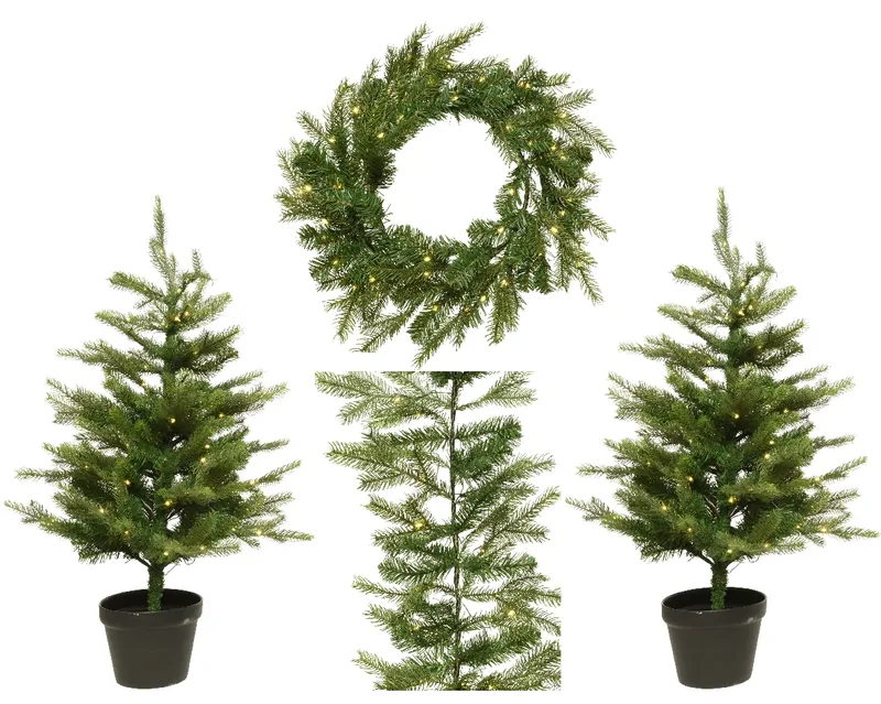 Coordinated potted Christmas trees wreath and garland displayed on white