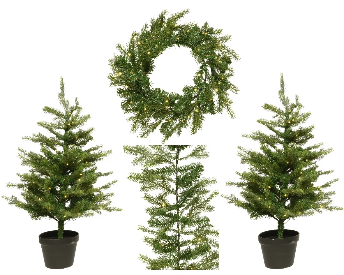 Coordinated potted Christmas trees wreath and garland displayed on white