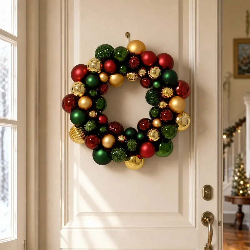 Red green and gold ornament Christmas wreath hanging on a white door