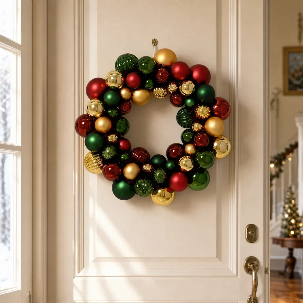 Red green and gold ornament Christmas wreath hanging on a white door