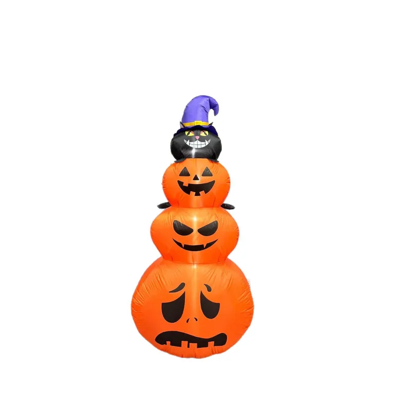 Stacked orange pumpkin inflatable topped with a black cat and purple hat