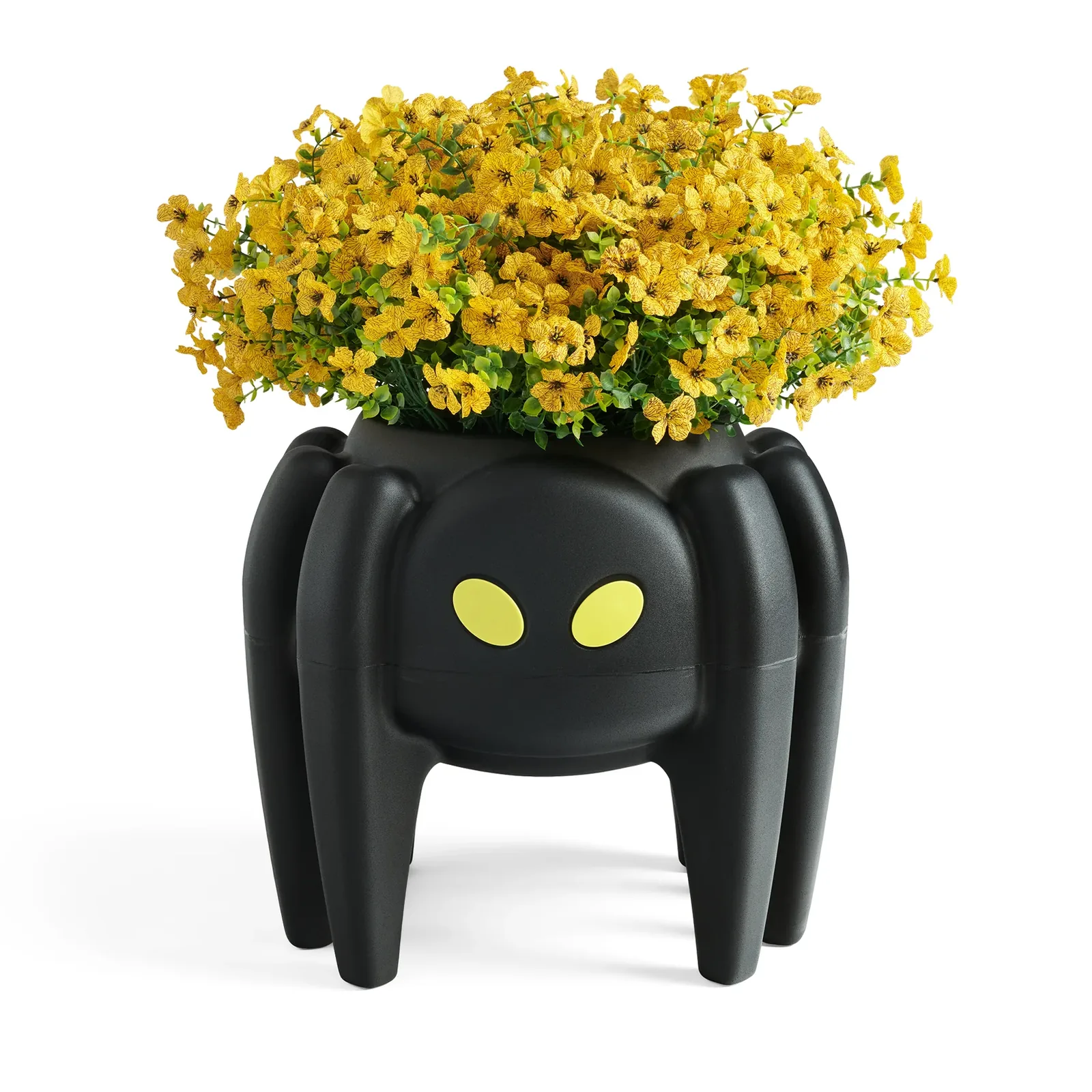 Black spider-shaped holder filled with yellow flowers on a white background