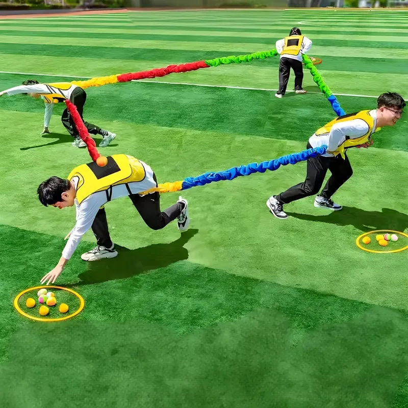 Players using a multicolor stretch loop for an outdoor group activity