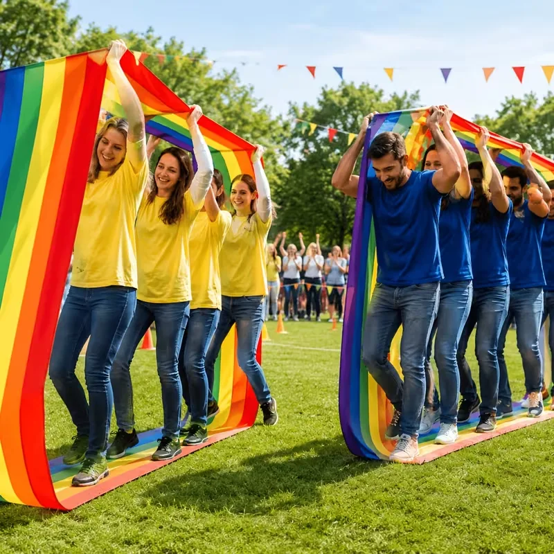 Group walking together inside a rainbow team walking loop on grass