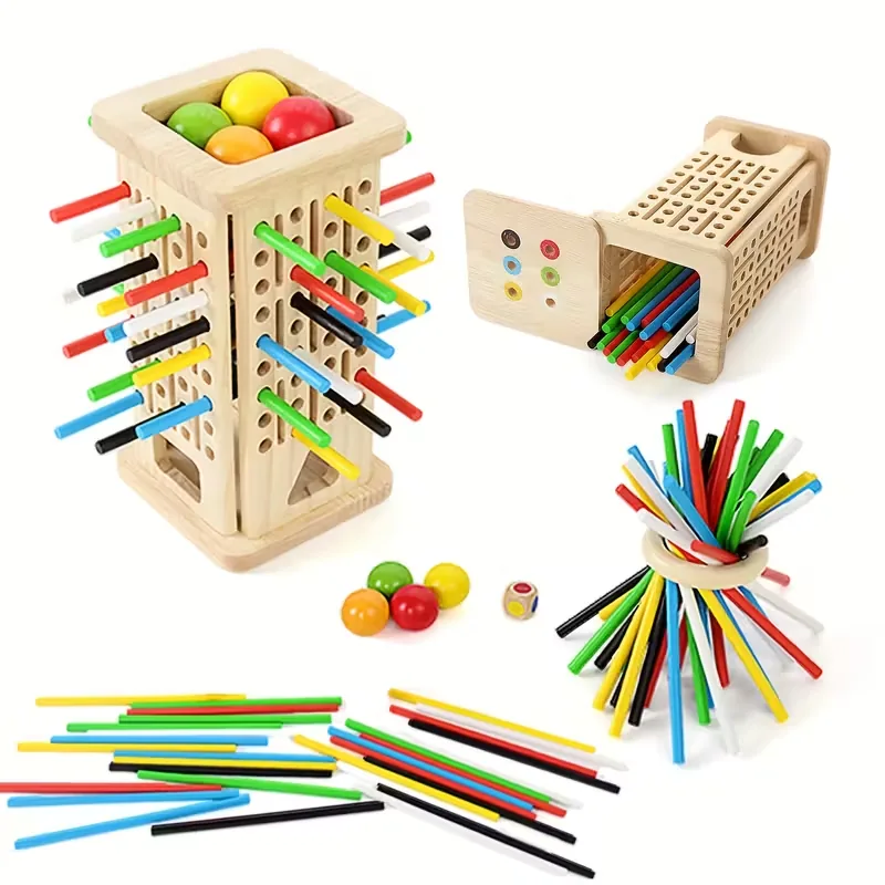 Wooden tabletop stick-pull game set with colorful sticks, balls and a die