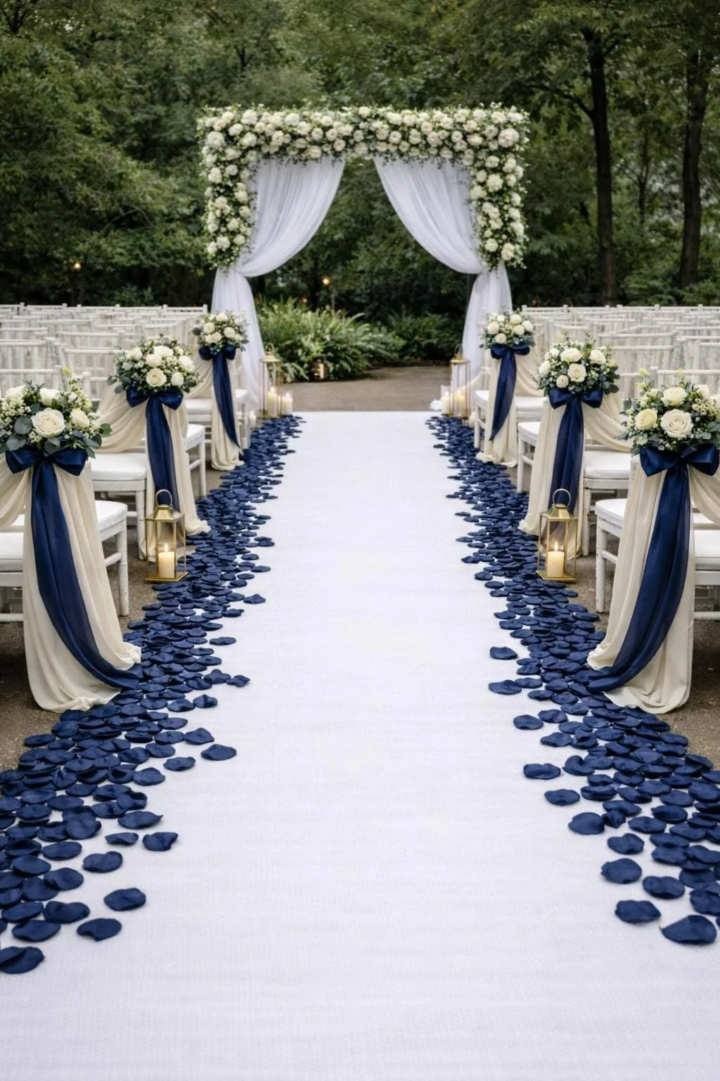 Outdoor wedding aisle with a white floral arch, navy ribbons and white seating