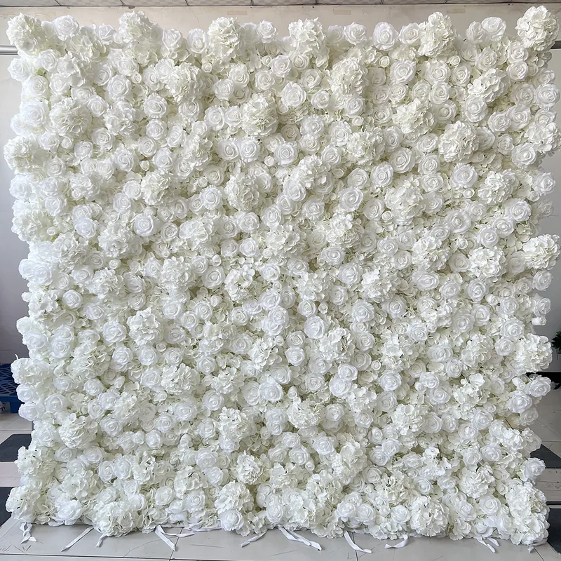White flower wall backdrop photographed outdoors