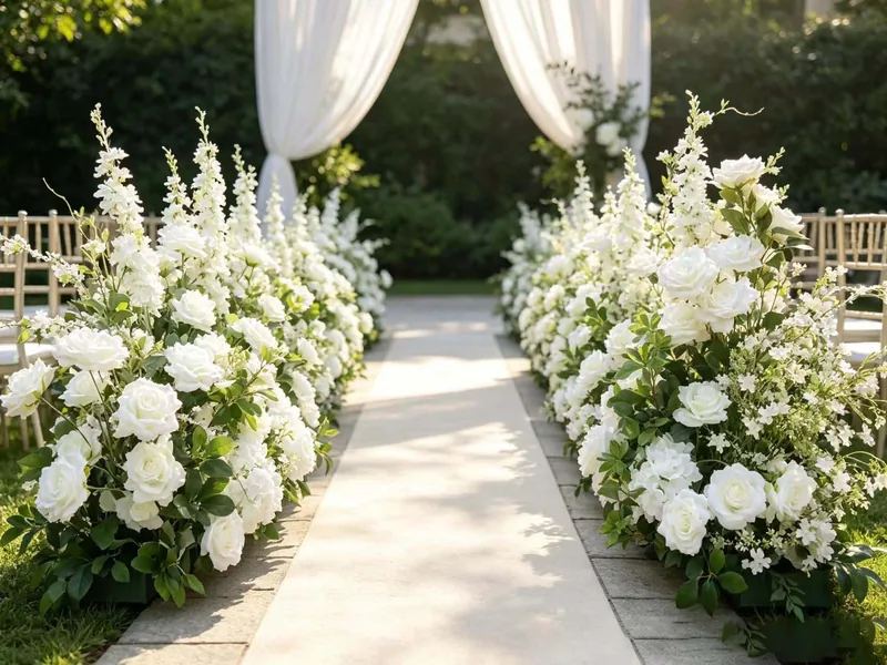 White floral arrangements and greenery lining an outdoor wedding aisle