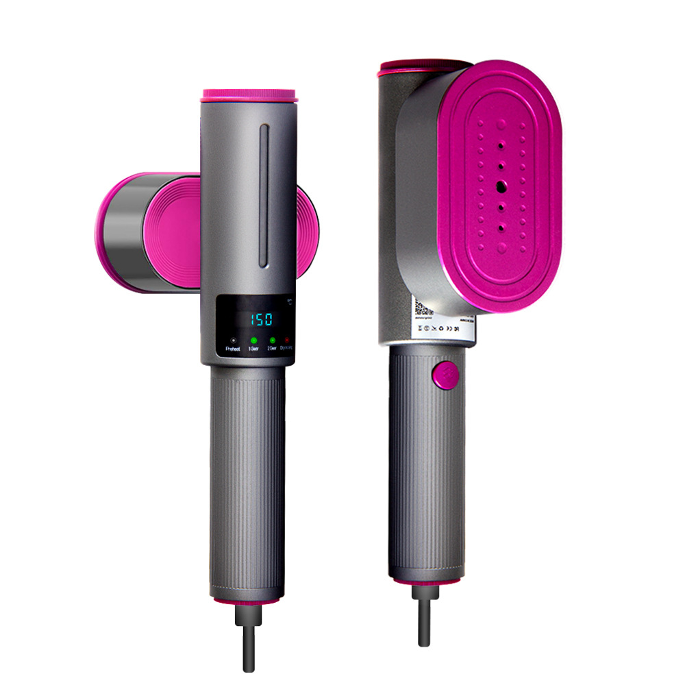 Magenta and gray 2-in-1 handheld garment steamer and iron on a white background