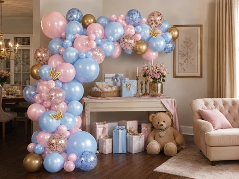 Pastel butterfly balloon arch with gifts and a teddy bear at home