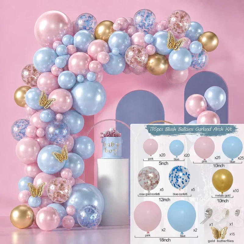 Pink blue metallic gold confetti balloons and butterfly accents
