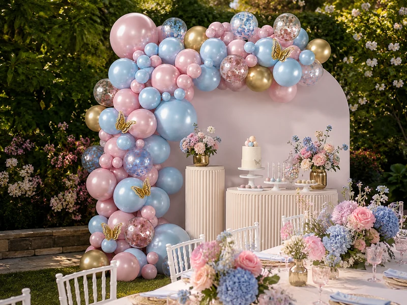 Pink blue and gold butterfly balloon arch in an outdoor garden
