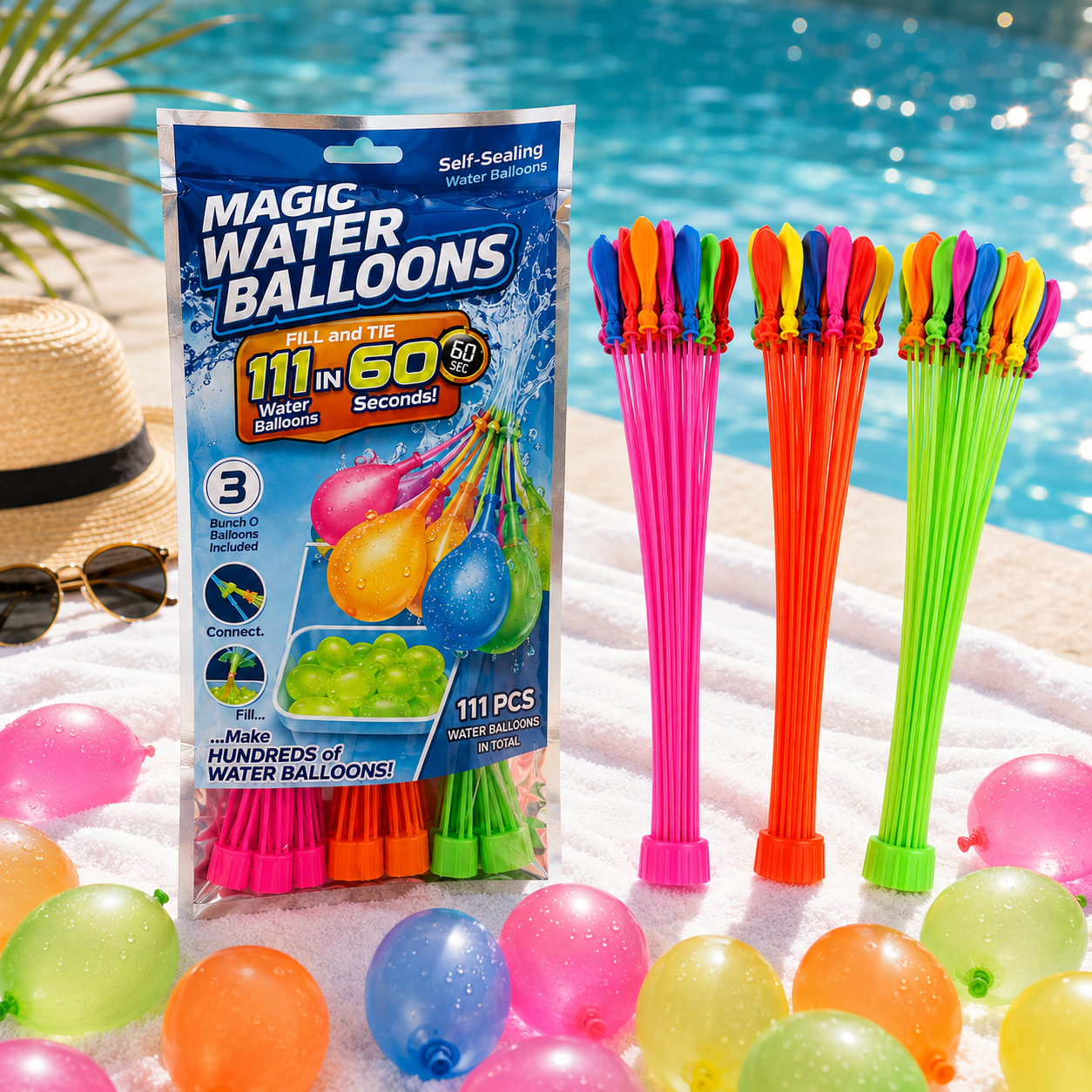Water balloon pack displayed beside a swimming pool
