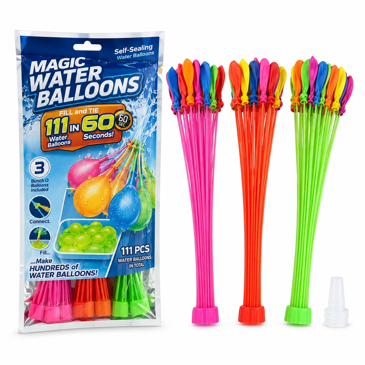 111 colorful rapid-fill self-sealing water balloons on a white background