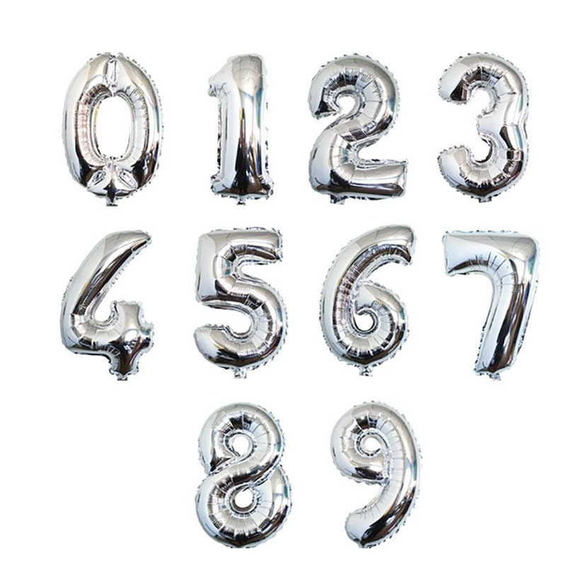 Silver number foil balloons from zero through nine