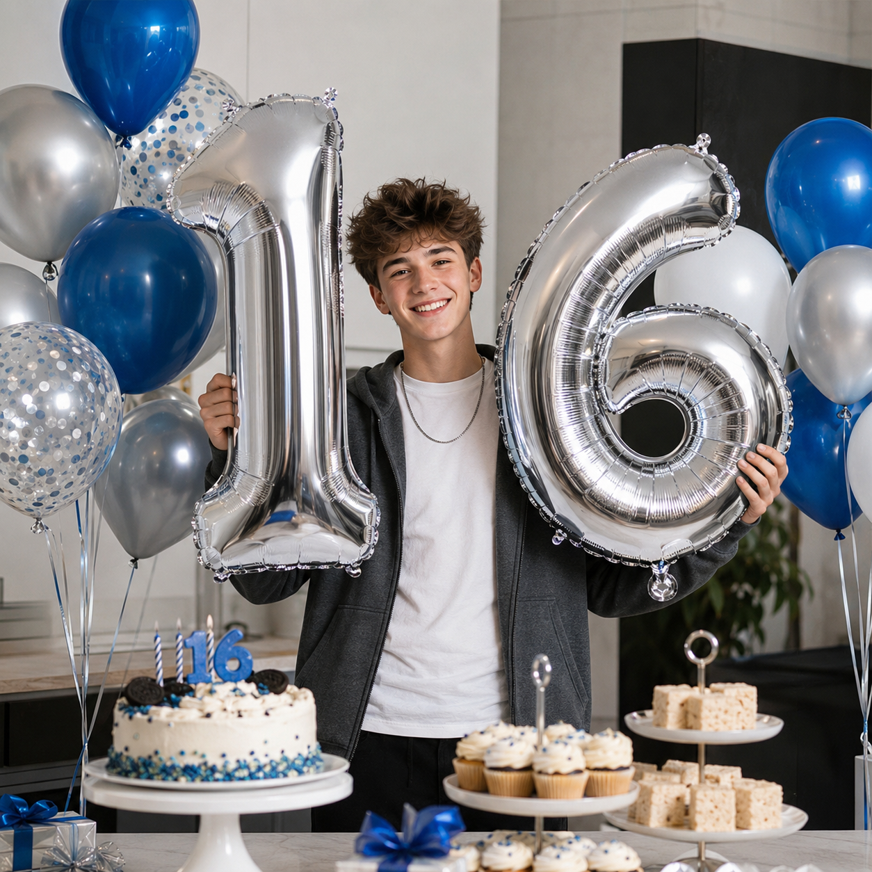 Silver number balloons in a blue birthday party setting