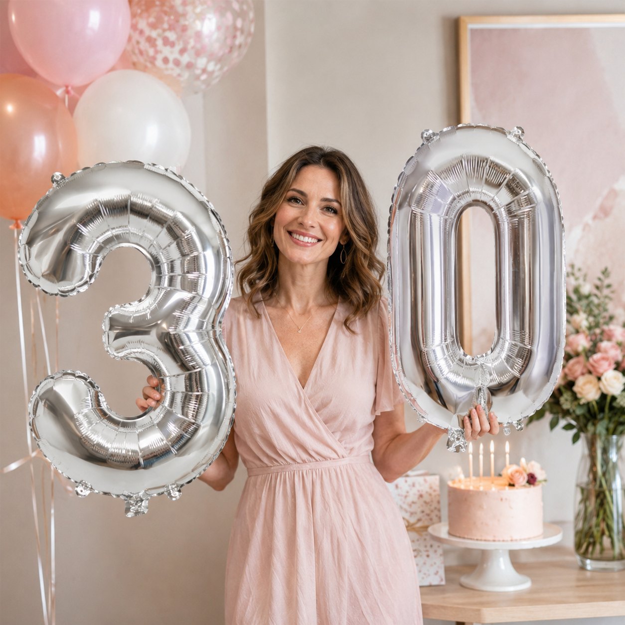 Silver number 30 balloons at a birthday
