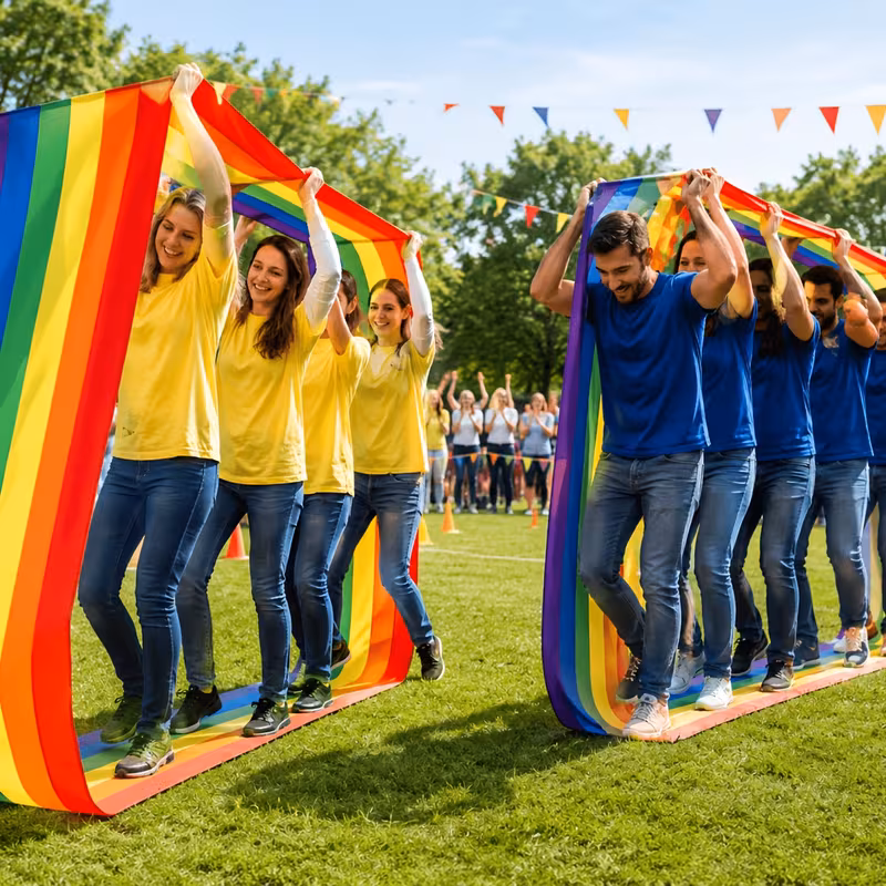 Group walking together inside a rainbow team walking loop on grass