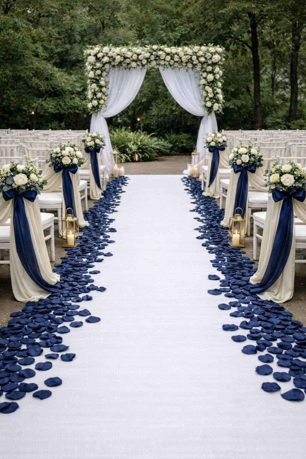 Outdoor wedding aisle with a white floral arch, navy ribbons and white seating