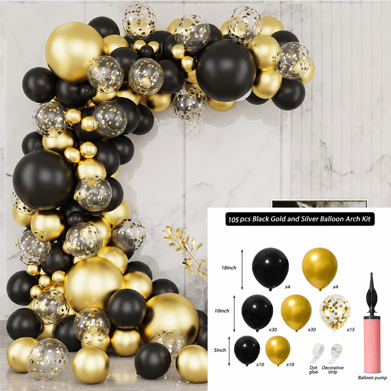 Black and gold birthday balloon arch kit