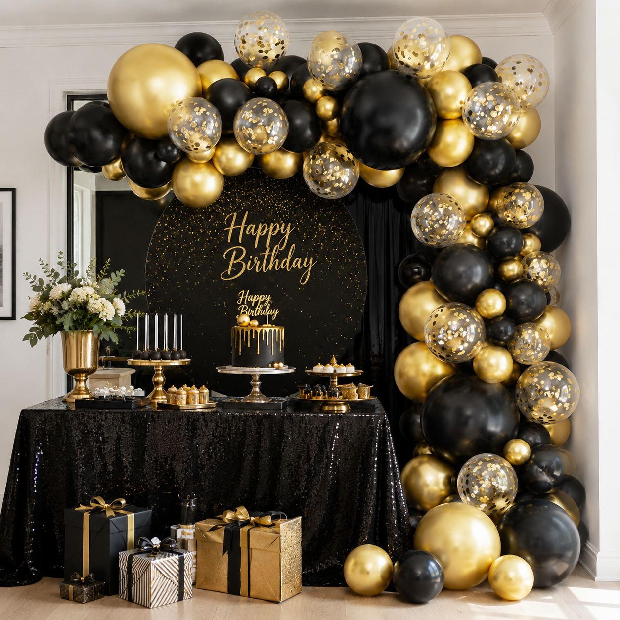 Black and gold balloon arch setup image